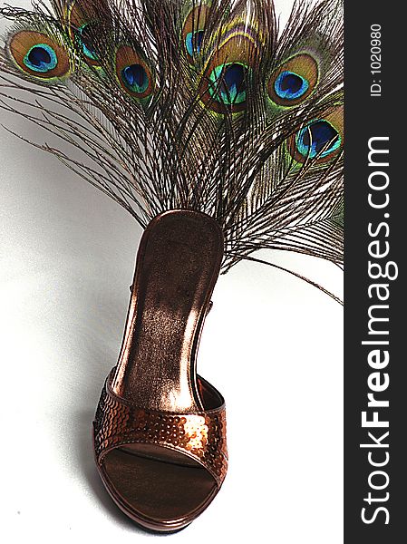 A copper-colored sequined women's shoe with peacock feathers attached. A copper-colored sequined women's shoe with peacock feathers attached.