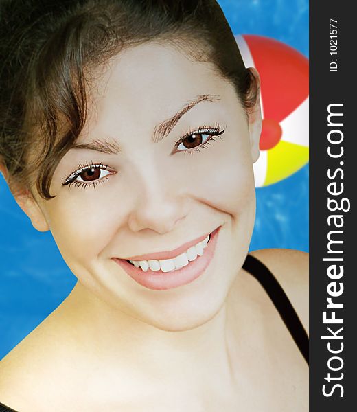 Woman with beautiful smile over pool background. Woman with beautiful smile over pool background.