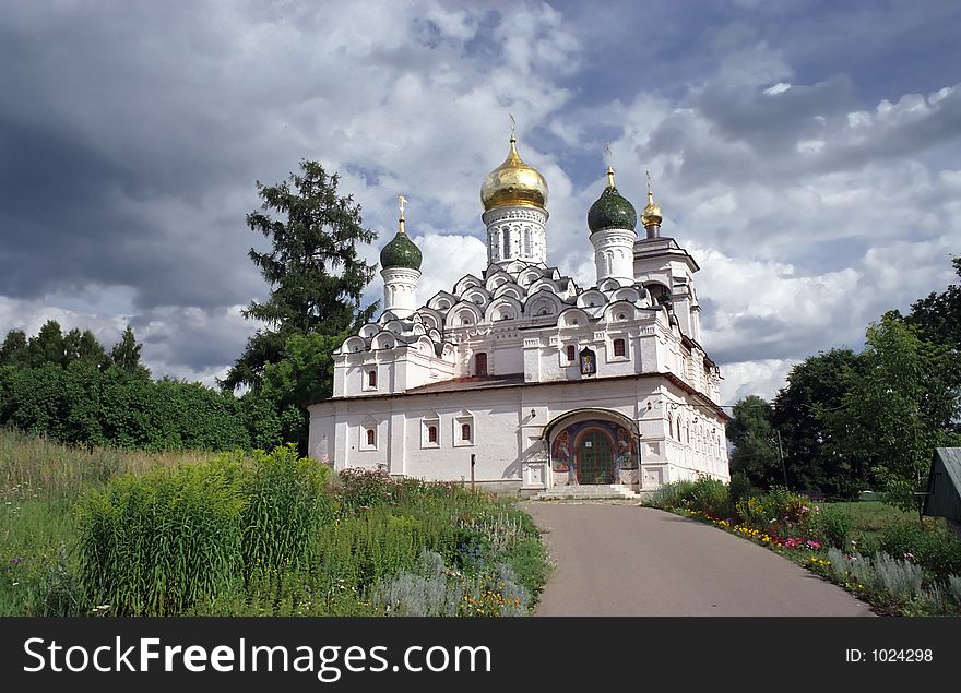 Beatuful church on a hill in village Marjino. Moscow suburb