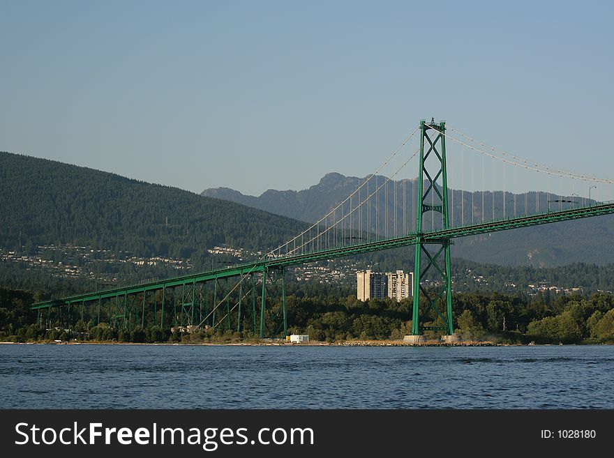 Shot of bridge from seawall below. Shot of bridge from seawall below