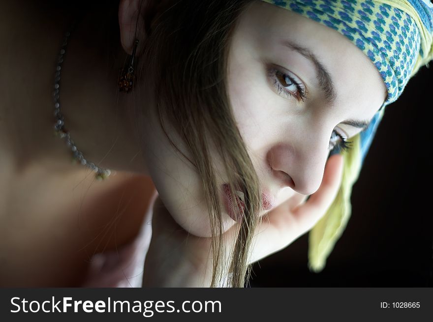 Gipsy girl looking, on black background. Gipsy girl looking, on black background