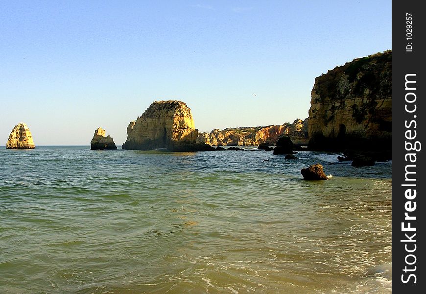 D.Ana Beach and sea in the city of Lakes (Lagos), Algarve, Portugal. D.Ana Beach and sea in the city of Lakes (Lagos), Algarve, Portugal.