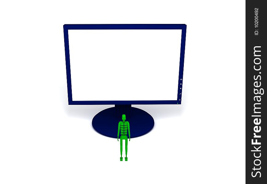 Made in 3d, blue monitor with human on white background. Made in 3d, blue monitor with human on white background