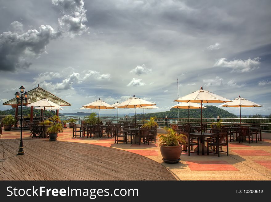 Patio of a hotel resort in a sunny day. Patio of a hotel resort in a sunny day