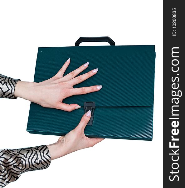 Green folder in woman's hands. Green folder in woman's hands