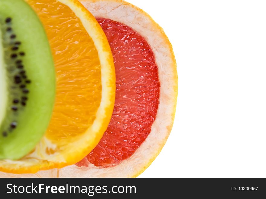 Fresh grapefruit, orange and kiwi isolated on white background. Fresh grapefruit, orange and kiwi isolated on white background