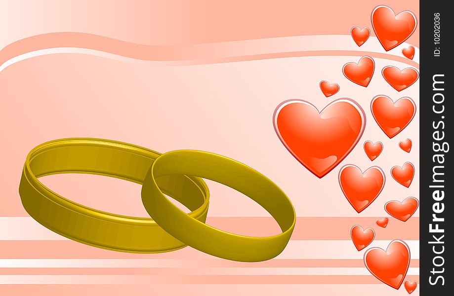 Rings on the pink background and hearts vector illustration