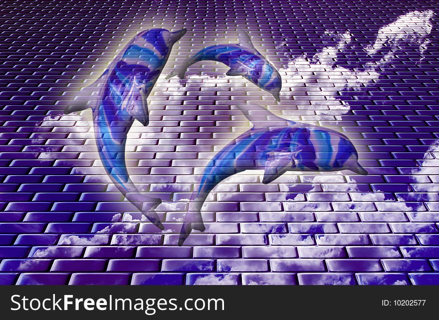 Fantastic dolphins flying over a glass bricks mirror surface. Fantastic dolphins flying over a glass bricks mirror surface