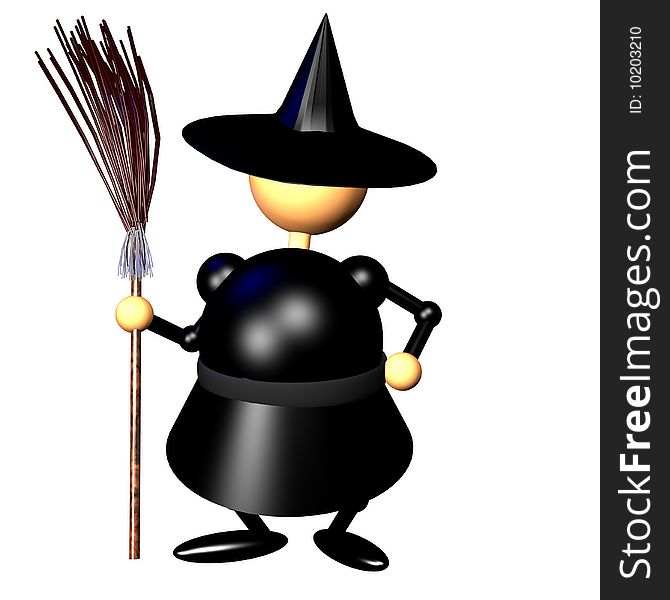 Witch figurine clipart, computer generated 3D icon of witch holding broom. Witch figurine clipart, computer generated 3D icon of witch holding broom