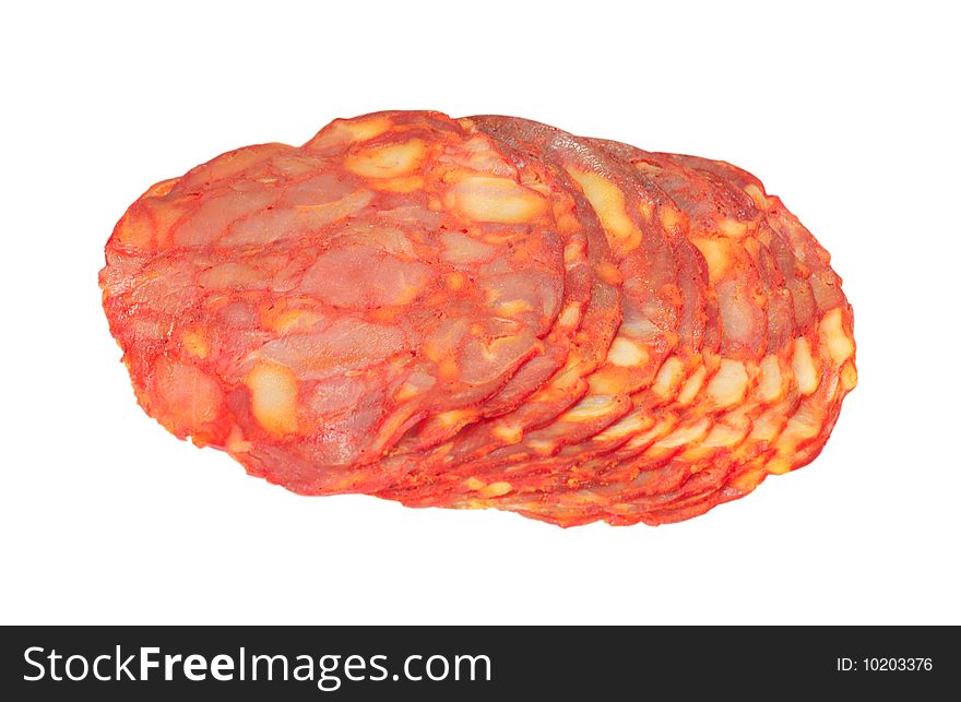 Sliced salami on a white background