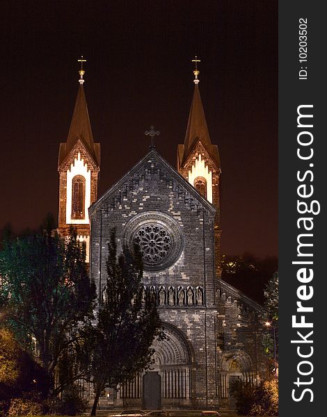 The night view of the Prague church. The night view of the Prague church