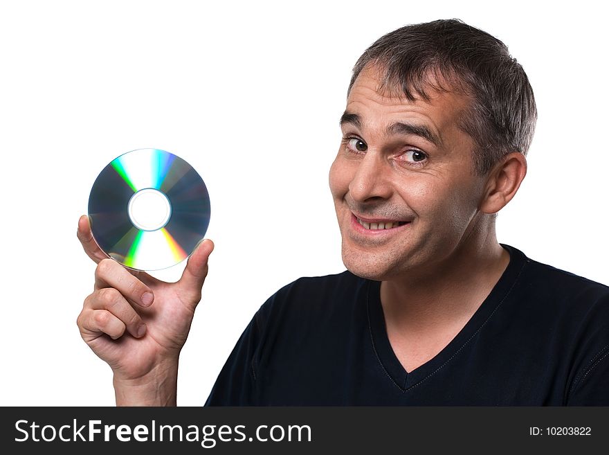 A photo of man with CD on white background