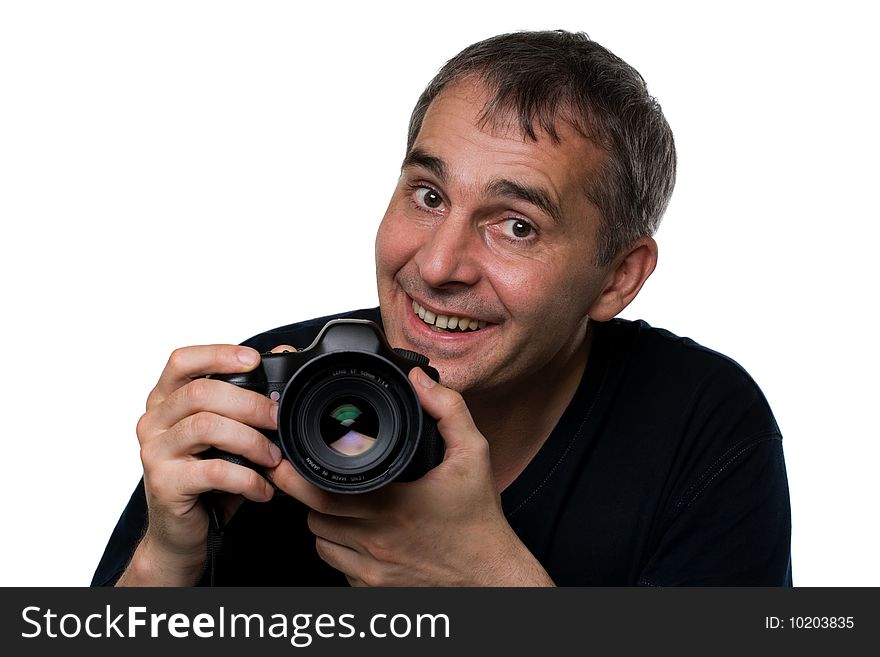 A man with a camera on white background. A man with a camera on white background