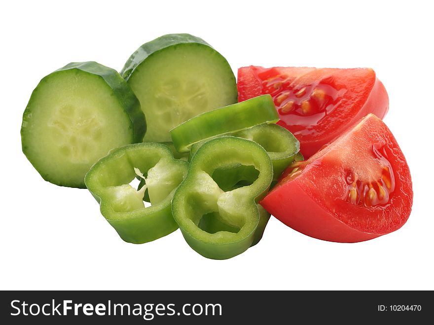 Slice of  tomato, paprika and cucumber on white background. Slice of  tomato, paprika and cucumber on white background