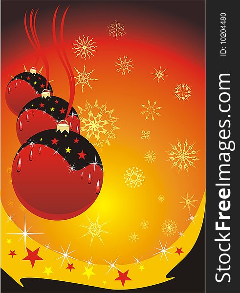 Snowflakes and three Christmas balls. Background for card. Vector illustration