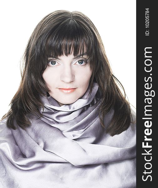 Portrait of woman in grey silk scarf. Portrait of woman in grey silk scarf
