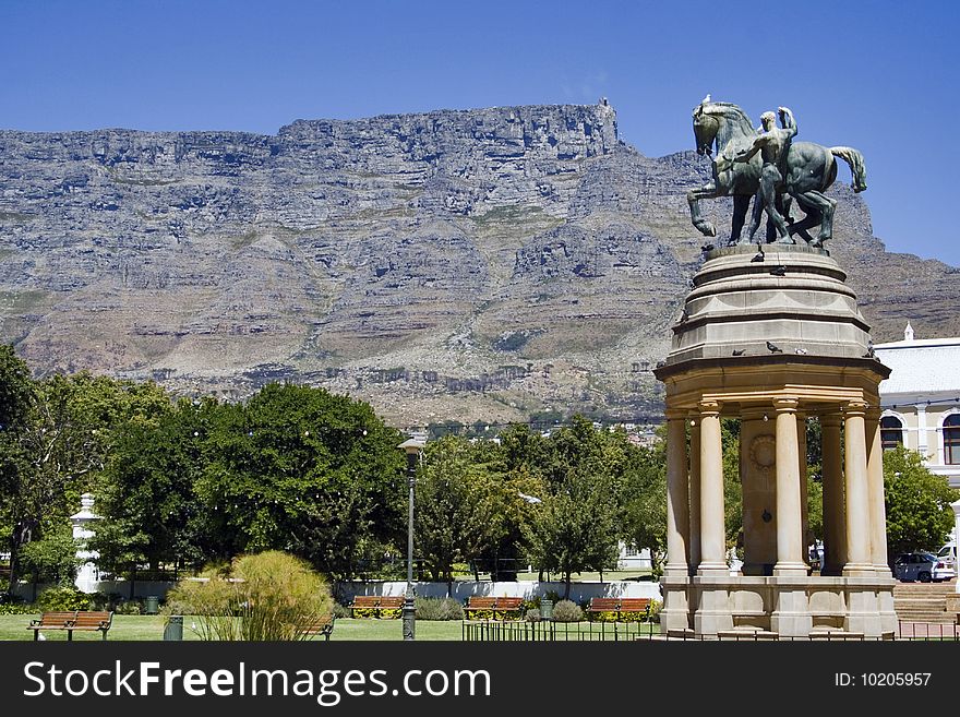 Statue in the Company Gardens in Cape Town South Africa with Table Mountain in the backdrop