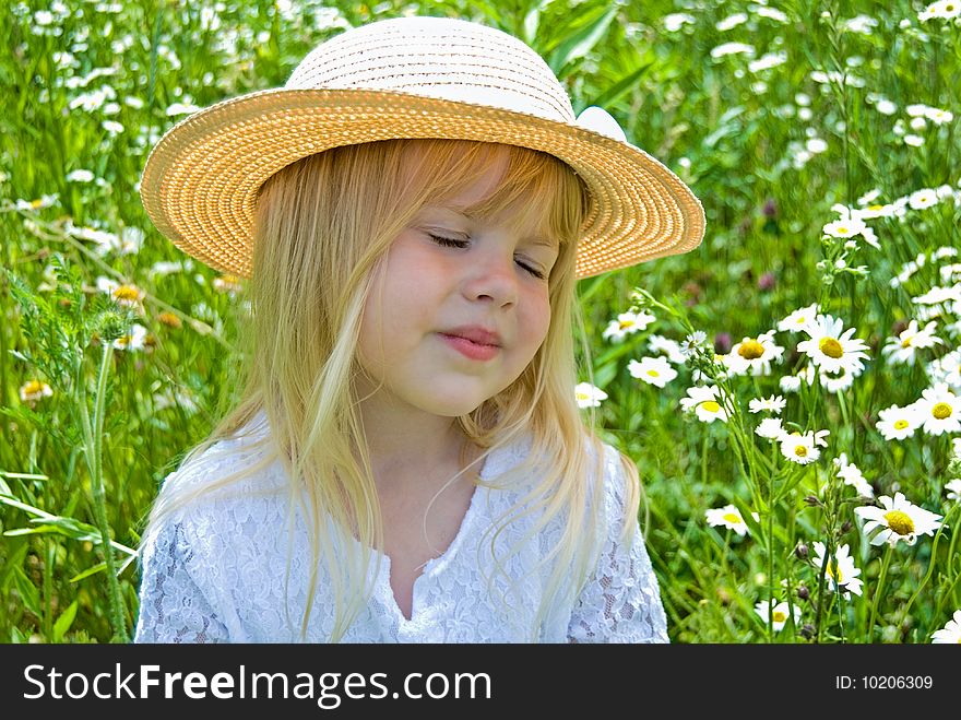 Little girl wearing a summer hat in a field of wild daisies. Little girl wearing a summer hat in a field of wild daisies.