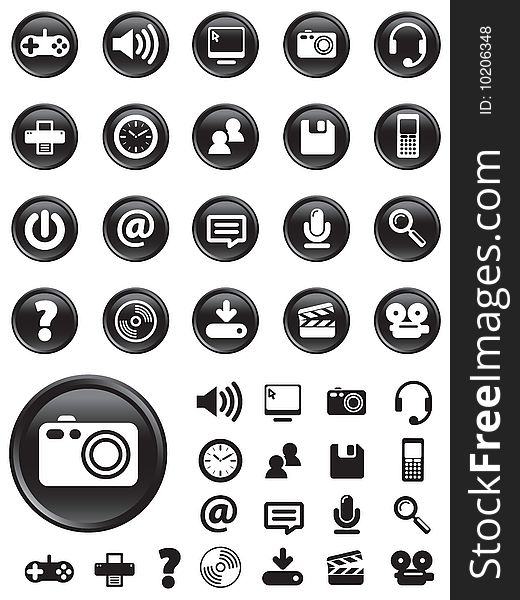 Media Computer icons on black buttons with NO TRANSPARENCIES, totally editable shapes. Pictures in both white and black, perfect for navigating a website or mobile platform. Media Computer icons on black buttons with NO TRANSPARENCIES, totally editable shapes. Pictures in both white and black, perfect for navigating a website or mobile platform.