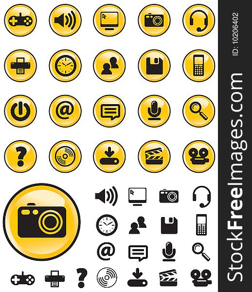 Media Computer icons on yellow buttons with NO TRANSPARENCIES, totally editable shapes. Pictures in both white and black, perfect for navigating a website or mobile platform. Media Computer icons on yellow buttons with NO TRANSPARENCIES, totally editable shapes. Pictures in both white and black, perfect for navigating a website or mobile platform.