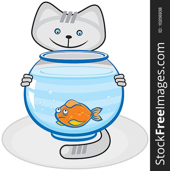 The Grey cat and fish in the aquarium