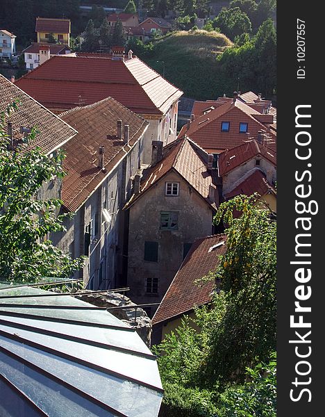 The characteristic red sloping roofs of Campo Ligure in the Ligurian inland. The characteristic red sloping roofs of Campo Ligure in the Ligurian inland