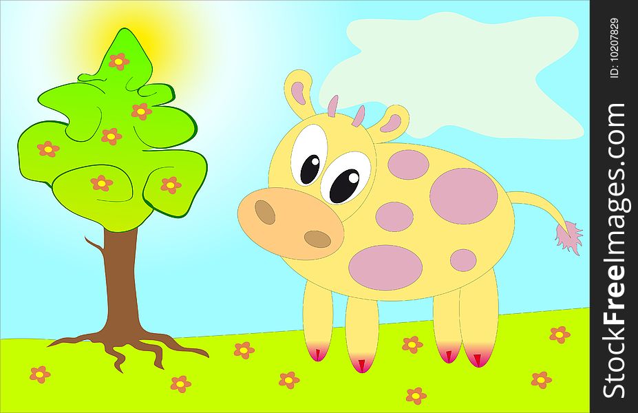 Funny cartoon cow over summer background. Funny cartoon cow over summer background