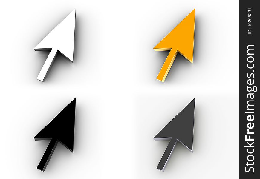 3D rendered cursors in white, black, gold & silver. 3D rendered cursors in white, black, gold & silver