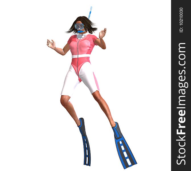 Female diver in colorful diving suit. 3D render with clipping path and shadow over white. Female diver in colorful diving suit. 3D render with clipping path and shadow over white