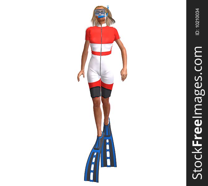 Female diver in colorful diving suit. 3D render with clipping path and shadow over white. Female diver in colorful diving suit. 3D render with clipping path and shadow over white