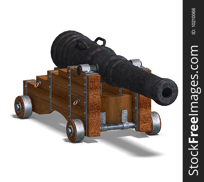 Ship cannon. 3D rendering with clipping path and shadow over white