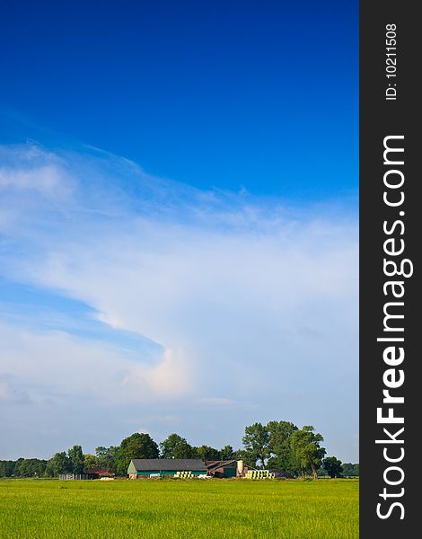 Countryside with farm and a grassland against blue sky
