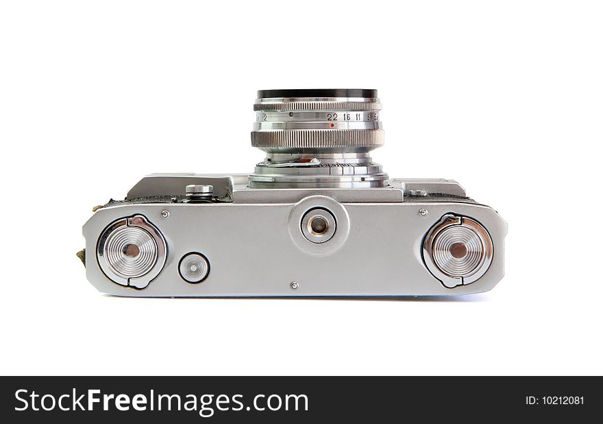 Vintage 35mm film rangefinder camera underside view isolated. Vintage 35mm film rangefinder camera underside view isolated
