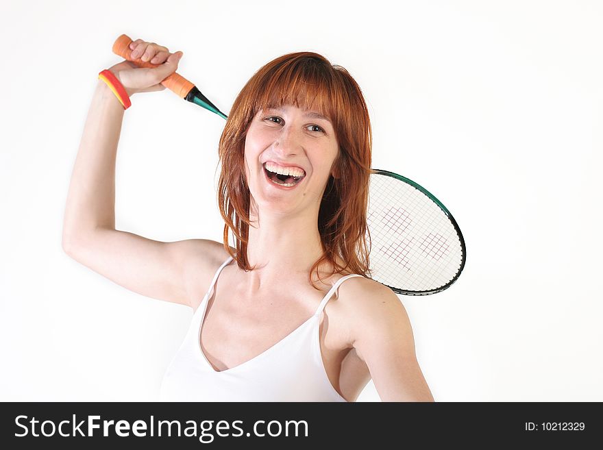 Pretty girl playing tennis. Isolated