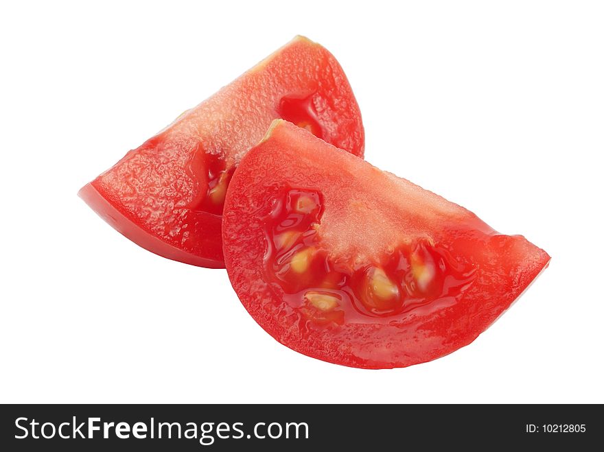 Slices  of tomato and tomato leaf on white background. Slices  of tomato and tomato leaf on white background