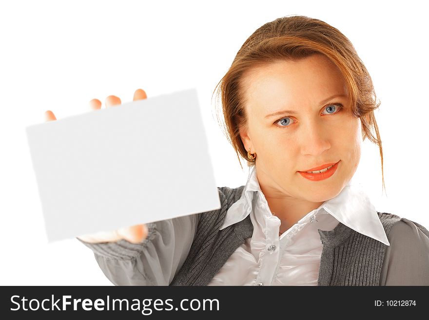 Young woman holding a blank card. Young woman holding a blank card