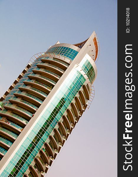 In interesting architecture on a Dubai Marina highrise tower. In interesting architecture on a Dubai Marina highrise tower