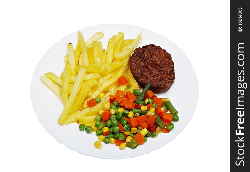 Cutlet with fried potatoes and salad isolated