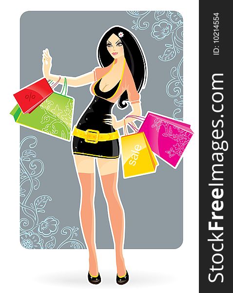 Shopping girl with bags, vector illustration