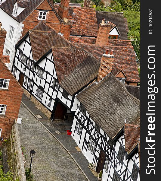 Medieval street, old houses in Warwick,. Medieval street, old houses in Warwick,
