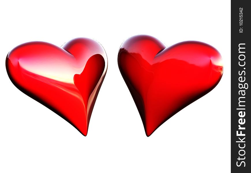 Two red hearts on a white background, are created in 3d editor. Two red hearts on a white background, are created in 3d editor