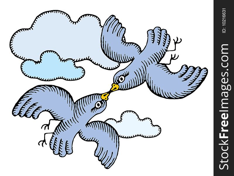 Blue pigeons in love flying around in clouds and kissing gently
