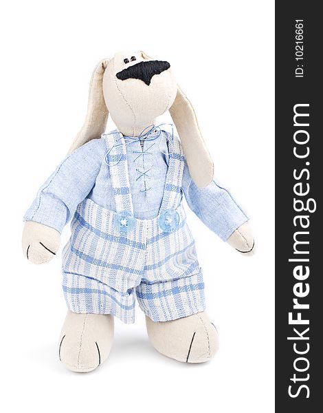 Cute fatty dog toy dressed in blue pants and shirt