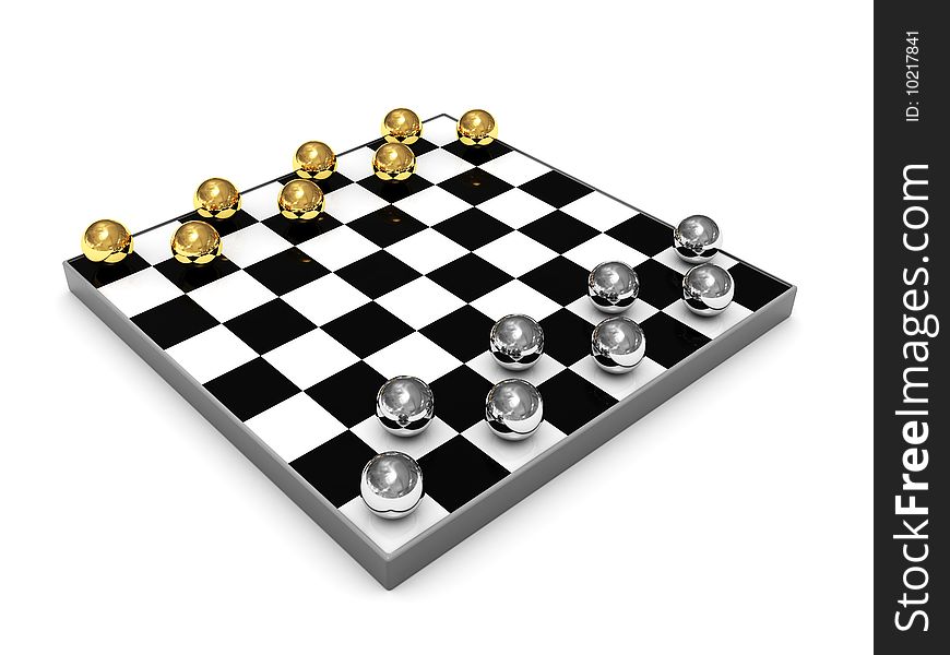 3d illustration of checkers with golden and silver balls
