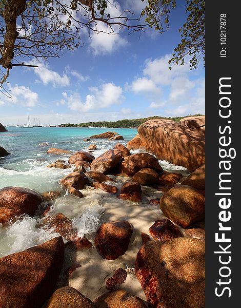 Praslin,Anze Lazio beach, granite stones on the beach. Praslin,Anze Lazio beach, granite stones on the beach