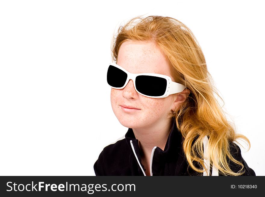 Young girl is wearing  white sunglasses isolated. Young girl is wearing  white sunglasses isolated