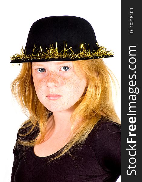 Girl Is Wearing A Black Hat With Golden Streamer