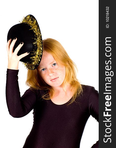 Girl Is Wearing A Black Hat With Golden Streamer