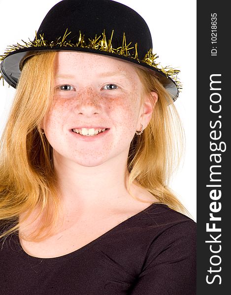 Girl is wearing a black hat with golden streamer isolated on white