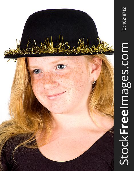 Girl is wearing a black hat with golden streamer isolated on white